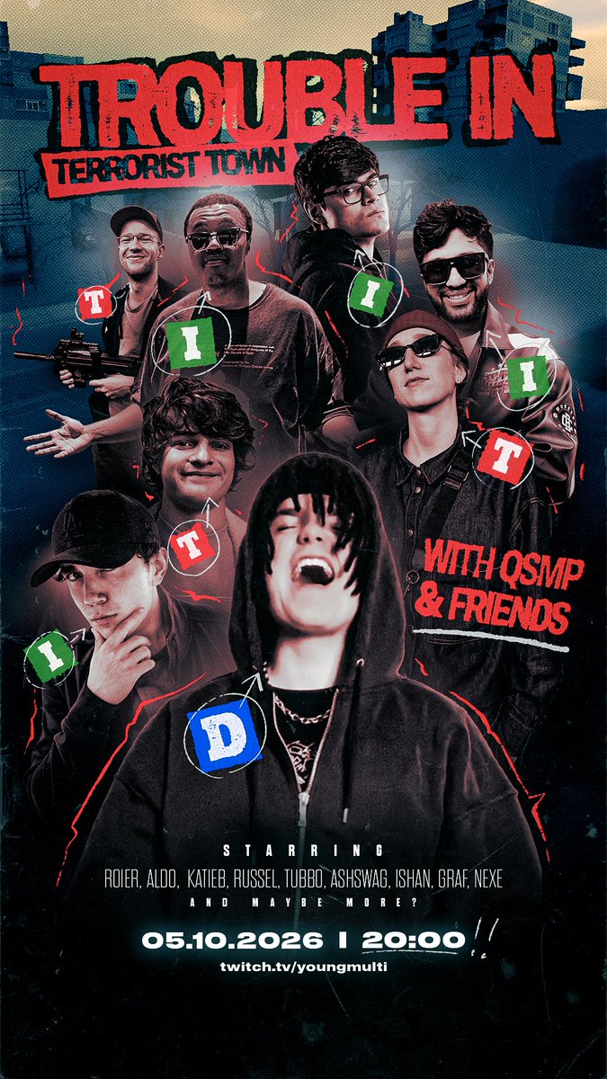 young_multi's tweet photo. Trouble In Terrorist Town with QSMP &amp; friends! 🧨

Stream starts at:
• 20:00 / 8 PM CEST
• 12 PM MX
• 11 AM PST
• 2 PM EST https://t.co/tgTAim1KdJ