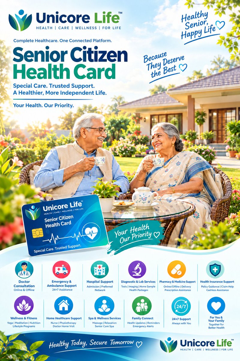 unicore_life's tweet photo. Unicore Life Senior Citizen Health Card
A dedicated healthcare service designed for senior citizens—connecting them with doctors, hospitals, diagnostics, pharmacy, ambulance, wellness and health-support services through one connected platform.
#UnicoreLife #UnicoreLifeCard https://t.co/eN4f6tMdue