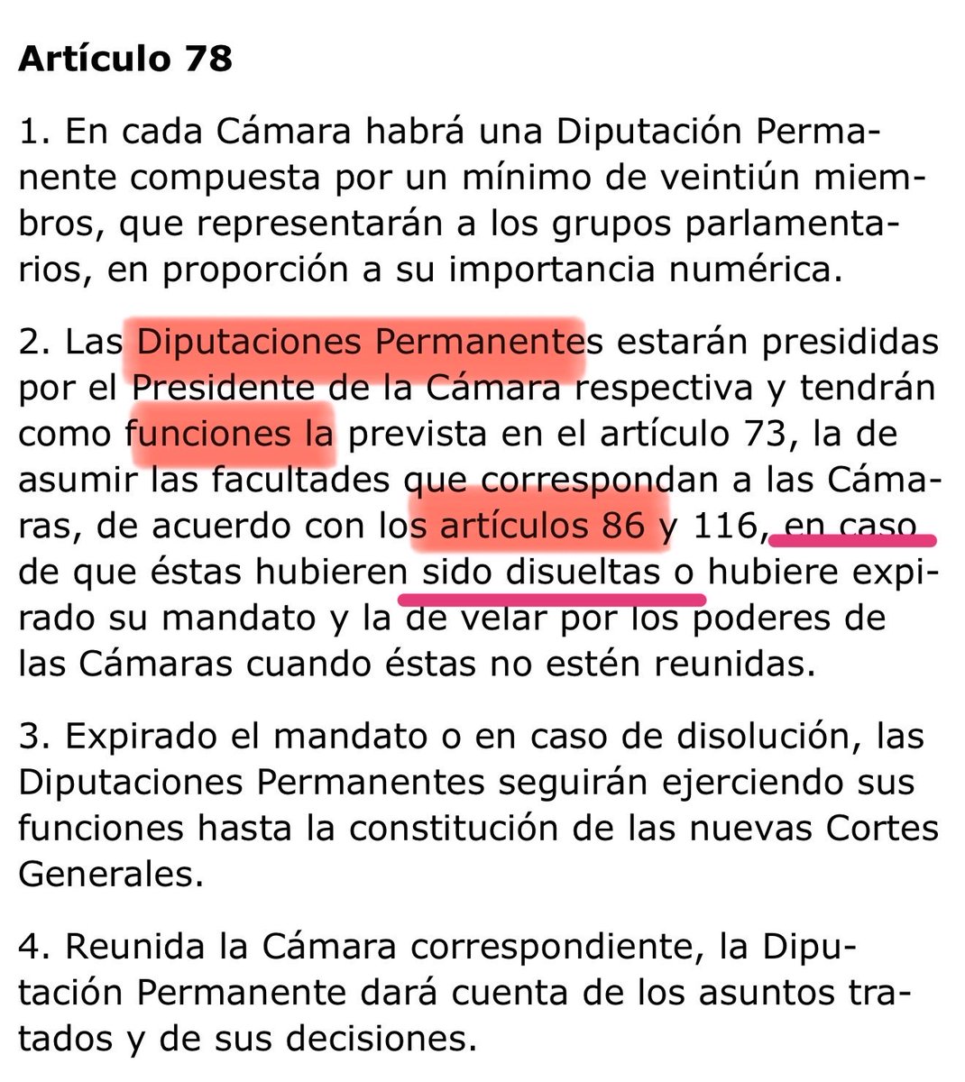 ladycrocs's tweet photo. Esto es lo que prevé la Constitución: el Gobierno puede dictar disposiciones legislativas, pero es preciso que exista una extraordinaria y urgente necesidad.

Como la potestad legislativa la tiene el legislativo y no el ejecutivo, la Constitución prevé que dichas disposiciones deban someterse inmediatamente a la votación del Congreso. 

Eso lo hizo el gobierno la semana pasada y el Congreso dijo que no aprobaba los Decretos-leyes.

Cuando no hay Congreso (por haberse disuelto) la función prevista para la aprobación de dichos Decretos-leyes es de la Comisión Permanente.

Es jurídicamente discutible que la semana pasada hubiera extraordinaria y urgente necesidad para que el Gobierno aprobara las disposiciones legislativas provisionales relativas a vivienda.

Que esas mismas disposiciones se aprueben ahora para someterlas a la Diputación Permanente tiene un nombre jurídico: el fraude de ley.

Por cierto, no pueden afectar al Derecho Electoral General. 

(Nota para los que me van a contestar "porque la ley" y para los de "los jueces haciendo política": la infracción de las normas también está en "porque la ley"; los jueces somos ciudadanos con libertad de expresión y capacidad de análisis de la realidad que nos rodea).

Quicir, voy a seguir opinando y escribiendo hasta que la ley me lo prohíba, a quien no le guste que me bloquee, silencie o ignore. Yo ya bloqueo al que carece de educación y capacidad para debatir sin faltar al respeto.