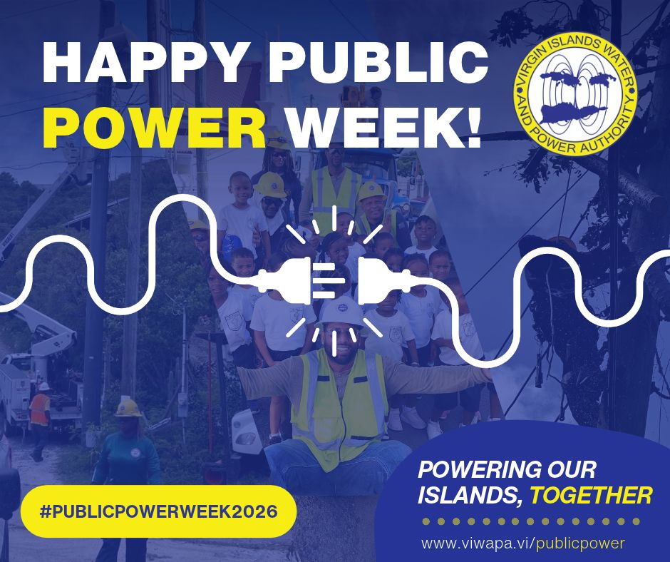 VIWAPA's tweet photo. ⚡ Happy #PublicPowerWeek!
We’re celebrating the dedicated WAPA employees who work every day to keep the Virgin Islands powered, connected, and moving forward. 💙💛
Powering Our Islands, Together. 🏝️⚡
#VIWAPA #USVI https://t.co/iOKVY65oCS