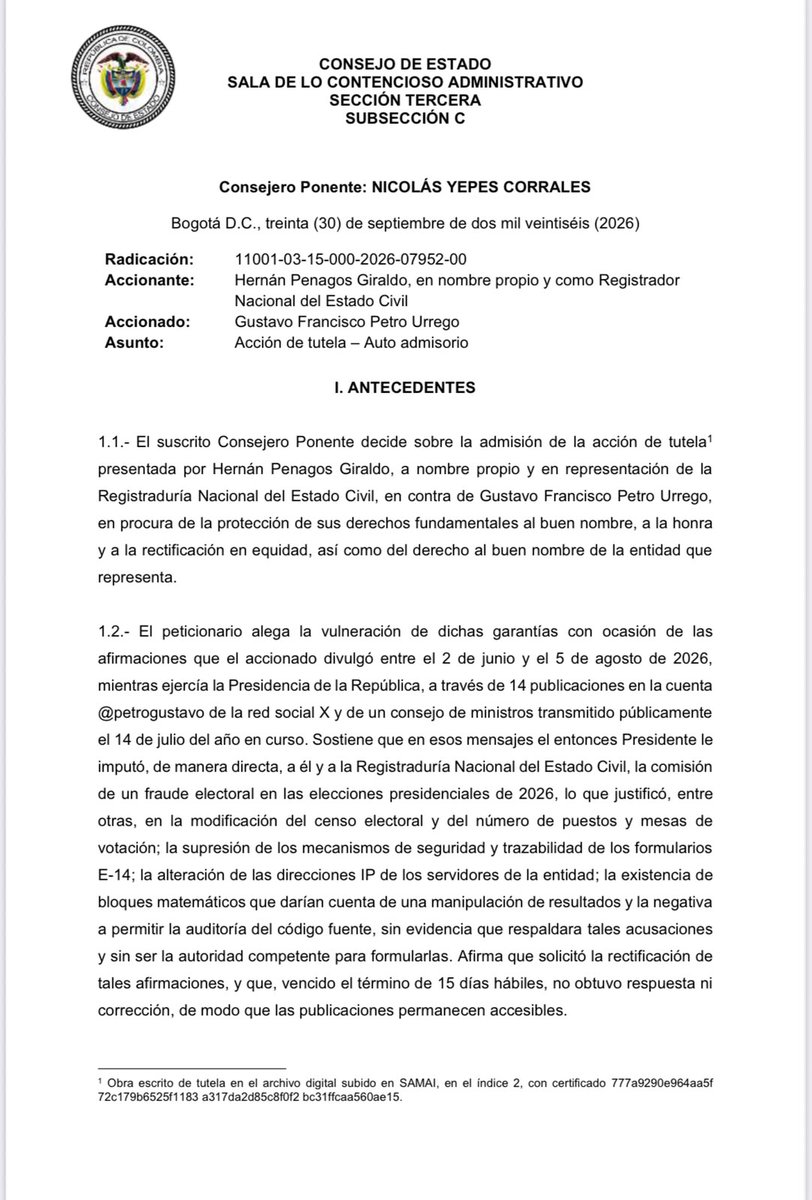 UltimaHoraCR's tweet photo. #Judicial | El Consejo de Estado admitió una tutela presentada por el registrador Hernán Penagos, quien pide que el expresidente Gustavo Petro se retracte de los múltiples señalamientos hechos durante la contienda electoral a la Registraduría y al propio Penagos, con los que, según el accionante, se sembraron dudas sobre la transparencia del proceso que adelantaba la entidad.

@JuanQuinteroP_

https://t.co/woHMRjVE2M