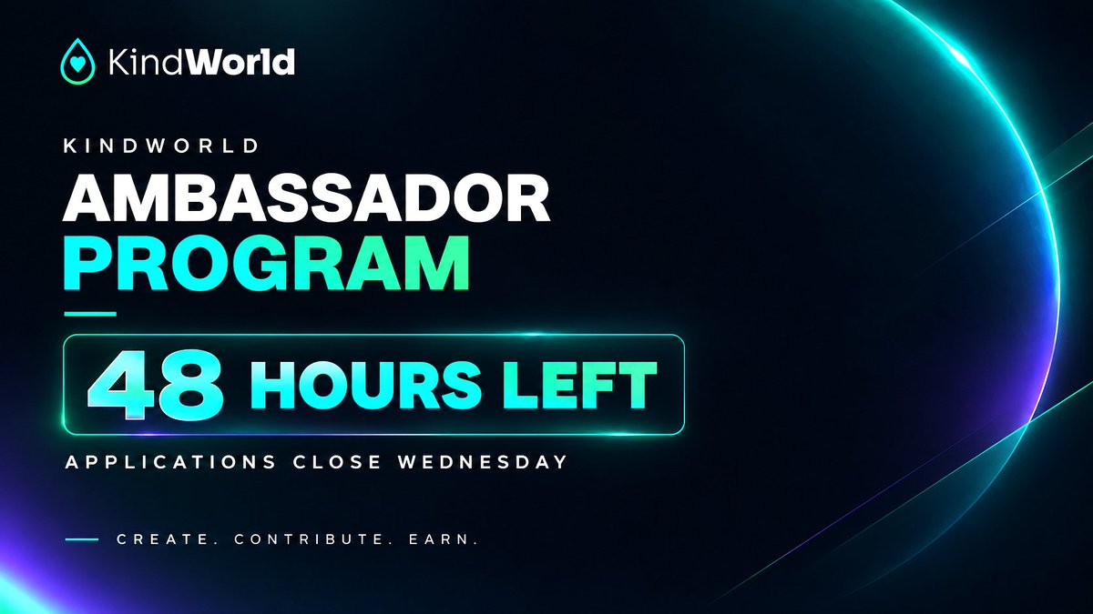 kindworldlabs's tweet photo. 48 hours. That’s it.

We are keeping the KindWorld Ambassador Program applications open for the next 48 hours.

If you want to Create, Contribute and Earn with us, this is your window.

Applications close Wednesday.

We will reveal and reach out to the shortlisted ambassadors this Friday.

Apply here ↓
https://t.co/ScwnFNJRMl