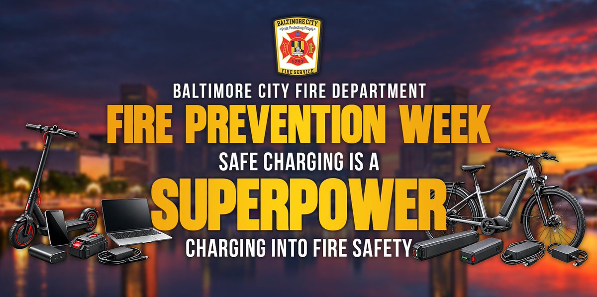 BaltimoreFire's tweet photo. Safe charging is a superpower! Join BCFD for Fire Prevention Week, October 4–10, 2026. Follow along for safe charging tips to help protect your home and loved ones.

#FirePreventionWeek #SafeCharging #BCFD https://t.co/SCtfIBCcJD
