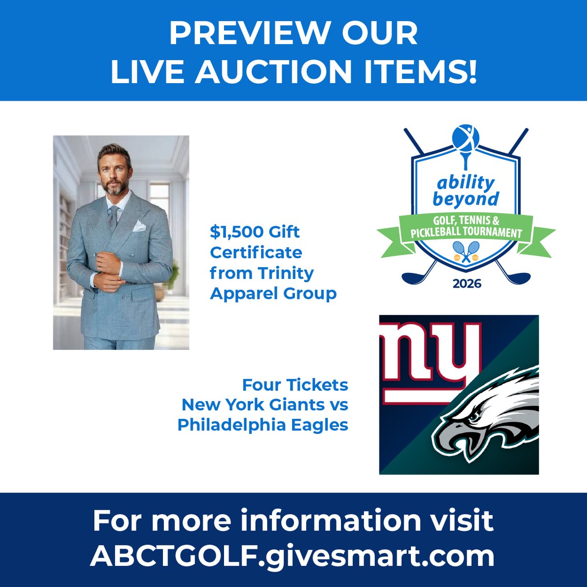 AbilityBeyond's tweet photo. Reminder: Our Silent Auction closes tonight at 5:30 PM! Bid on incredible golf experiences and exclusive prizes while supporting Ability Beyond. Don’t miss a preview of Live Auction highlights, including Giants vs. Eagles tickets and custom suiting. Bid → https://t.co/EQr6brvBFf https://t.co/ckEqmpLR8X