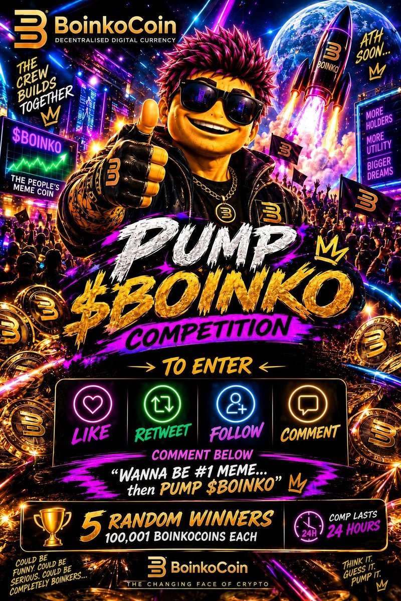 BoinkoCoin's tweet photo. 🚀 PUMP $BOINKO IS LIVE 🚀

🏆 5 RANDOM WINNERS

💰 100,001 BoinkoCoins EACH

🌙 ATH soon…are you in?

TO ENTER 👇

💖 LIKE
🔁 REPOST
👤 FOLLOW
💬 COMMENT: “WANNA BE #1 MEME…Then PUMP $BOINKO” 

Don’t sit this one out⚡

@BoinkoCoin 

The changing face of crypto. 😎 https://t.co/hNa12JKFiU