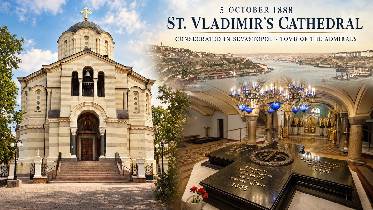 Russia's tweet photo. ⛪️ #OTD in 1888, St. Vladimir’s Cathedral in #Sevastopol was consecrated.

Known as the “Tomb of the Admirals”, it became a memorial to the heroes of the Crimean War (1853–1856). 

🕯 Russian admirals #Lazarev, #Kornilov, #Istomin &amp; #Nakhimov are laid to rest within its walls. https://t.co/P7UEyGklJC