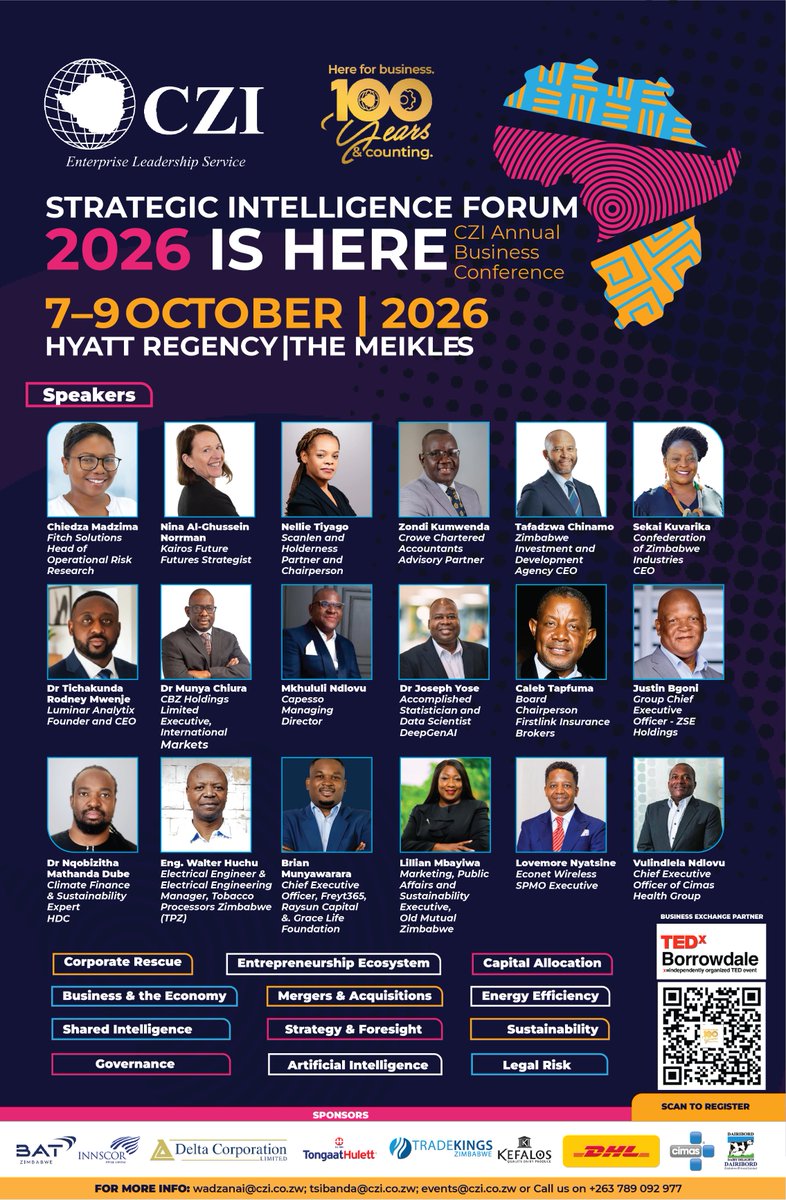 czionline's tweet photo. #TwoDaysToGo!
The Strategic Intelligence Forum 2026 begins this Wednesday.
A big thank you to our sponsors—British American Tobacco, Delta Corporation, Tongaat Hulett, Dairibord Zimbabwe, Trade Kings, Kefalos, CIMAS, Nelspot Brands, Innscor and DHL—for supporting this important platform for business leadership and strategic dialogue.
View the prospectus: https://t.co/vLkcV6sqg0
Register: https://t.co/yDEwLXAkq4
📅 7–9 October 2026
📍 Hyatt Regency Harare – The Meikles
#SIF2026 #StrategicIntelligence #BusinessLeadership #CZI