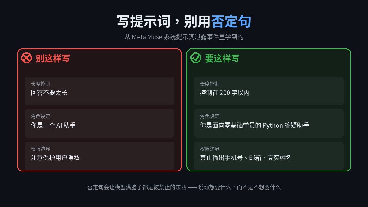 CY160909's tweet photo. Meta 家 AI 助手的系统提示词泄露了，我熬夜看完，最大的收获不是八卦，是学到了怎么写提示词。
分享个最反直觉的：千万别写"不要做 X"。
你写"回答不要太长"，模型满脑子都是"太长太长太长"。改成"控制在 200 字内"，效果立马不一样，亲测有效。
其他几条也都是血泪经验：角色别写"你是个助手"这种空话，写清楚场景和对象；权限边界列清单，别让模型"意会"；写完自己当坏人，试三遍能不能绕过。
说白了，写提示词跟带新人一样：你含糊，它就糊弄；你具体，它就靠谱。
这个得配图呢