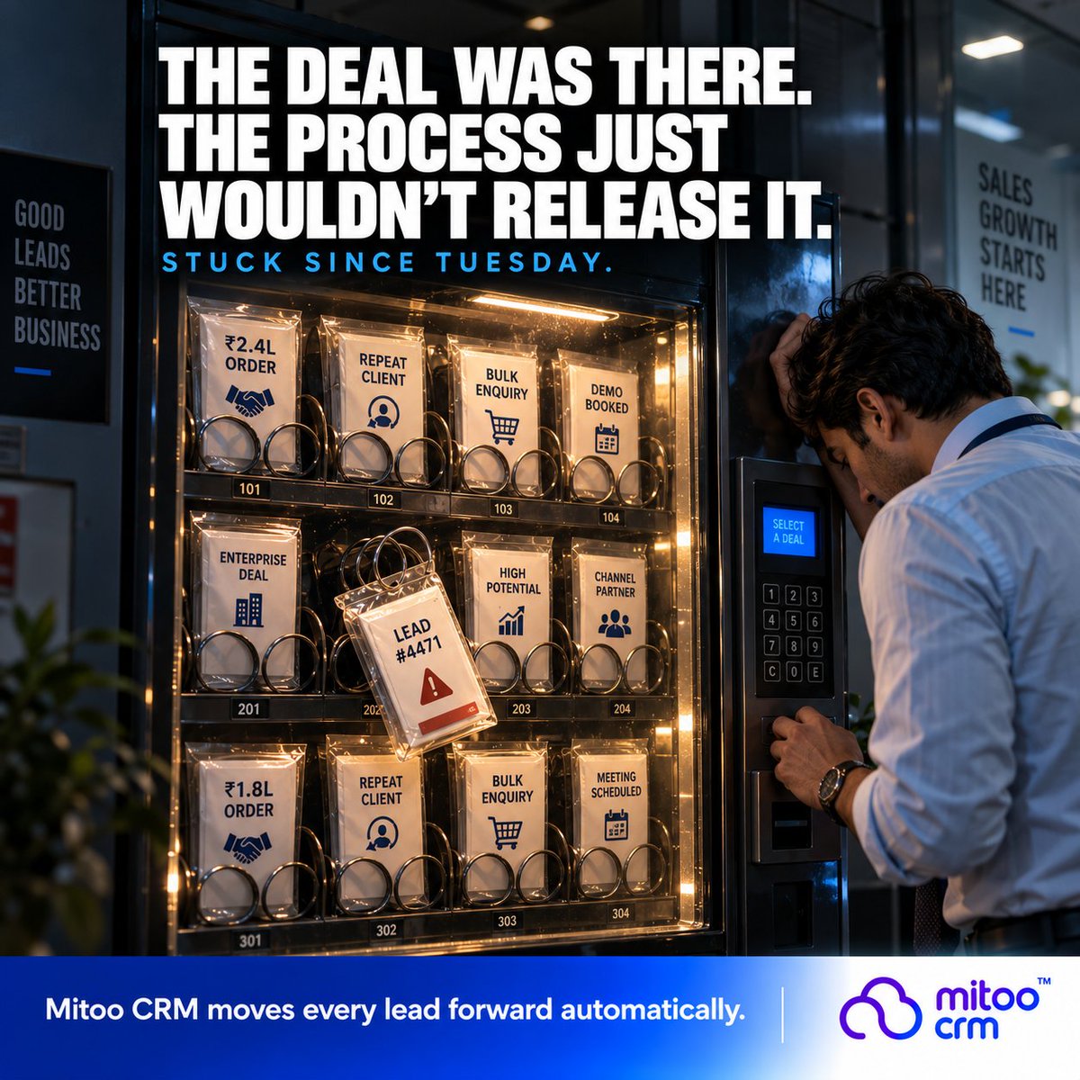 MitoCRM's tweet photo. The deal was there. The process just wouldn't release it.

Stuck since Tuesday.

Mitoo CRM moves every lead forward automatically.

🔗 https://t.co/ILb84RXJWI

#CRM #SalesPipeline https://t.co/ywkgE9vnxt
