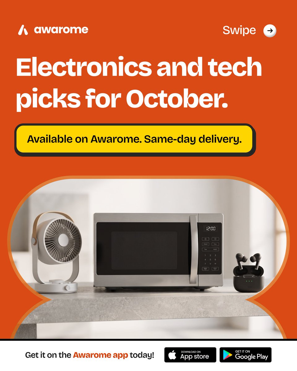 awaromehq's tweet photo. Tech Monday ⚡ October edition.
Get electronics on Awarome: same-day delivery from stores near you in Abuja.
Link in bio to shop.
Download the app here 👉🏽 https://t.co/ZaozQSecHW
#awarome #abuja #groceries #electronics #fastdelivery https://t.co/lzAoeJ0qq3