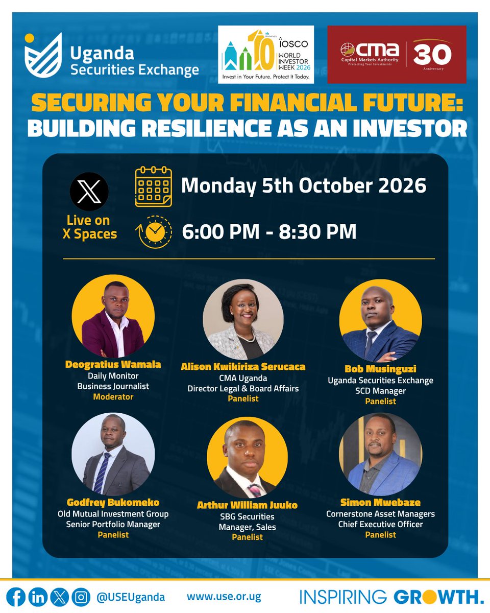 USEUganda's tweet photo. TONIGHT at 6:00 PM! Join us LIVE on X Spaces for "Securing Your Financial Future: Building Resilience as an Investor."

Bring your questions on investing, SCD accounts and building a diversified portfolio. Our panel of experts will be ready to answer them.

👉 Tap the link to join the Space:
https://t.co/2RUFLVcaHG

#WIW2026 #InvestInYourFuture