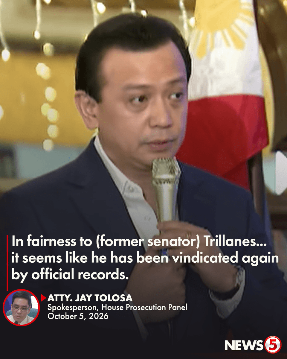 TV5NewsPH's tweet photo. TRILLANES VINDICATED BY OFFICIAL RECORDS — TOLOSA

Ipinunto ni Prosecution Spokesperson Atty. Jay Tolosa ang official Anti–Money Laundering Council (AMLC) disclosures na kumukumpirma sa akusasyon ni dating senador Sonny Trillanes na nakatanggap ang Cale88 Foods Corporation, ang kompanyang inuugnay kay Mans Carpio, ng P319.3 milyon mula sa China. | via Marianne Enriquez

WATCH: #VPSaraOnTrial https://t.co/fR01mmS0yA