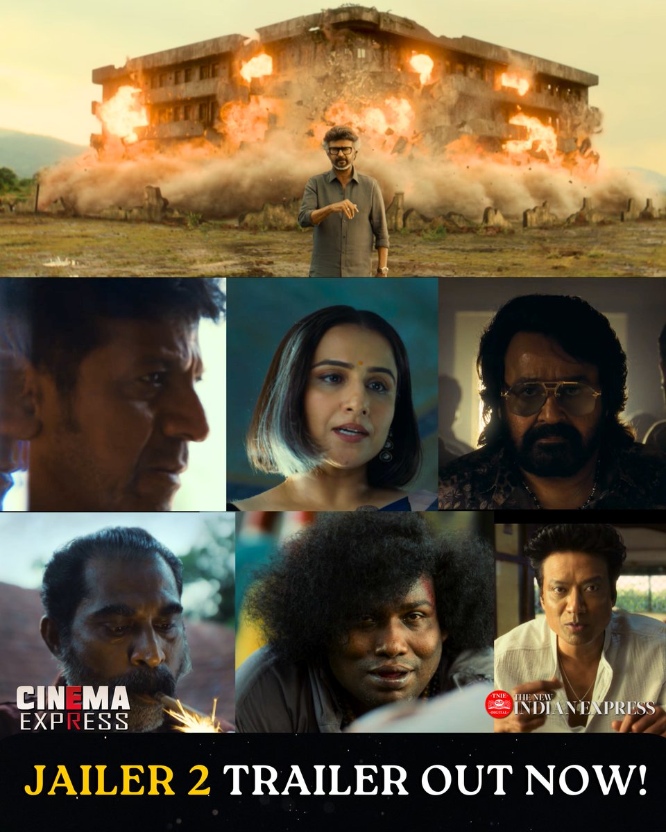 XpressCinema's tweet photo. How’s the #Jailer2 trailer? 🔥👀| #cinemaexpress 

#jailer2trailer #rajinikanth #Mohanlal #ShivaRajkumar #yogibabu #nelson #VidyaBalan #anirudh https://t.co/olc02XCr3l