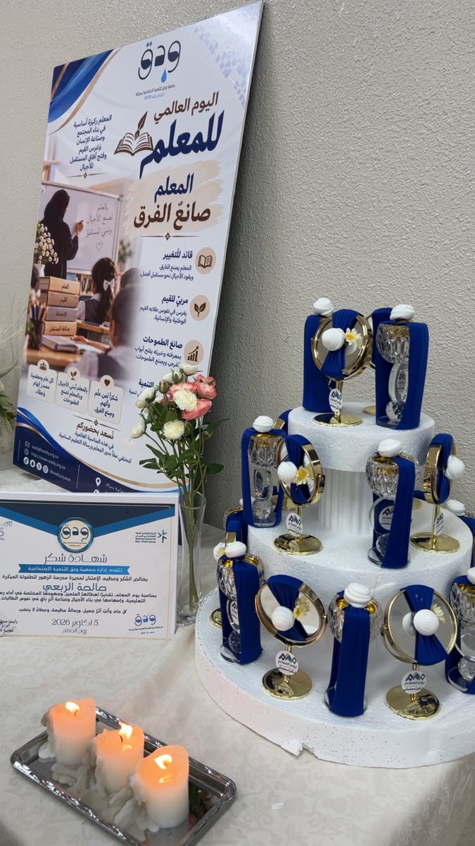 wadqsayalah's tweet photo. 5 اكتوبر

بمناسبة اليوم العالمي للمعلم 2026م، تؤكد جمعية ودق للتنمية الاجتماعية أن تقدير المعلم ليس احتفاءً بيومٍ عابر، بل تقديرٌ لرسالةٍ تصنع الإنسان، وتبني الأجيال، وتنهض بالمجتمع.

وانطلاقًا من دورها في تعزيز الشراكة المجتمعية والتكامل مع الجهات الحكومية والتعليمية، احتفت جمعية ودق اليوم 5 أكتوبر 2026م بمعلمات مدرسة الزهور للطفولة المبكرة، تقديرًا لعطائهن وجهودهن في بناء جيل المستقبل.

ودق.. شراكةٌ تُعزّز الأثر، وتقديرٌ لمن يصنعون الفرق.

#يوم_المعلم 
#جمعية_ودق 
#الشراكة_المجتمعية 
#التعليم #5_أكتوبر