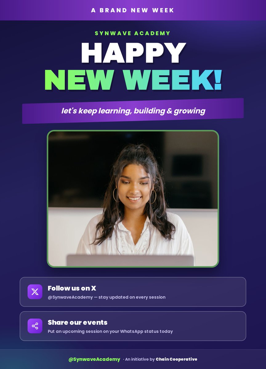 SynwaveAcademy's tweet photo. 🚀 Happy New Week!

Fresh week, fresh energy. Let's keep learning, building &amp; growing together.

💬 What's one thing you want to build or learn this week? Drop it below 👇

#SynwaveAcademy https://t.co/UtVbLCuJzq