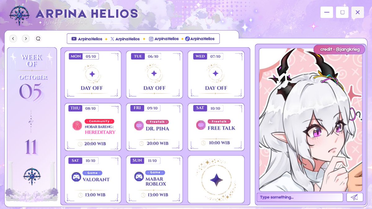 ArpinaHelios's tweet photo. New week, new streams!
₊˚⊹♡ Oct 05 - 11 ♡⊹˚₊
#vtuber #vtuberid #vtuberindonesia https://t.co/Tbu9CYpTsY
