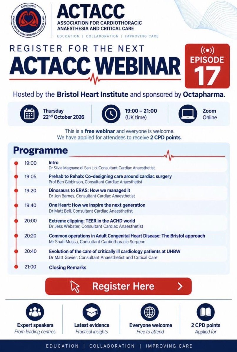 ACTACCUK's tweet photo. ACTACC Webinar – Episode 17
From prehab and ERAS to ACHD, TEER and critical care, hear how the Bristol team is developing contemporarycardiac surgical care
📅 22 October 2026
🕖 19:00–21:00
💻 Zoom
🎓 2 CPD points applied for
✅ Free – all welcome
Register now via the ACTACC site https://t.co/od5UGI7gp9