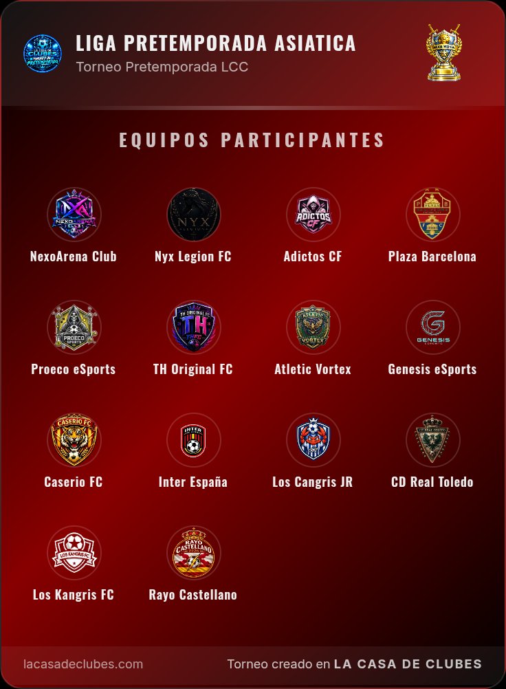 AFJSpain's tweet photo. 🏆 Pretemporada Asiática LCC

@MOxBetav92 
@NyxLegionFC 
@ADICTOSCF 
#PlazaBarcelona
@ProecoeSports 
@ThehooligansFC_ 
@AtleticVortex 
@GENeSports_ 
#CaserioFC 
#InterEspaña 
@TwCJRClubesPro 
#CDRealToledo
@LosKangrisFC 
#RayoCastellano

#SomosAFJ https://t.co/emXFEWlS3T