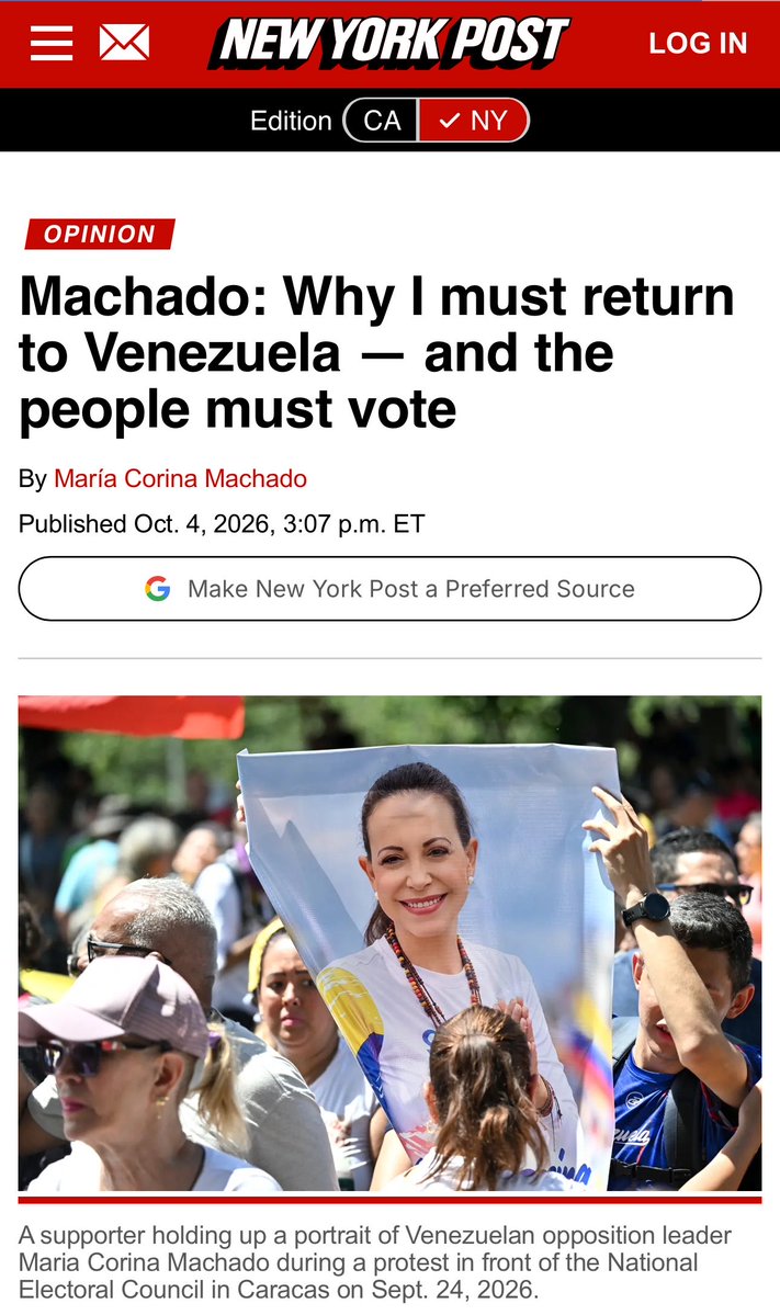 OrlvndoA's tweet photo. 🚨 | Columna de María Corina Machado en el New York Post:

“Unas instituciones sólidas deben ofrecer a los inversores garantías a largo plazo, basadas en el Estado de derecho y no en presiones externas. Además, impiden que el chavismo vuelva a sus viejos métodos.

(…)

Queremos todo esto en un marco de libertad y democracia, en el que ambos países salgan ganando. Como líder del movimiento cívico que millones de personas han hecho suyo, he asumido este compromiso: Venezuela respetará los contratos, protegerá la propiedad privada y forjará una alianza estratégica duradera con Estados Unidos”.
