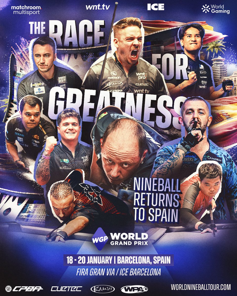 MatchroomPool's tweet photo. THE WORLD GRAND PRIX! 🇪🇸👑
We're heading to Barcelona, Spain this January for a brand-new WNT Major! 🙌
⚔️ 64 players
🔥 Single elimination
❌ No second chances
The Race For Greatness is ON! 🏎️
#WNT | @icegamingglobal #WorldGrandPrix 👑 https://t.co/8NcNHxvhXo