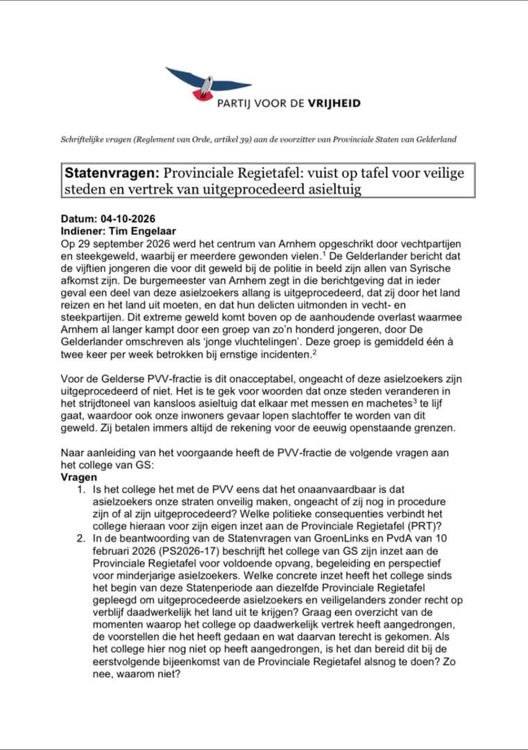 THDEPVV's tweet photo. Statenvragen @PVVGld: Provinciale Regietafel: vuist op tafel voor veilige
steden en vertrek van uitgeprocedeerd asieltuig. #PVV #PVVGelderland #PSgld https://t.co/msjUKsDfnc