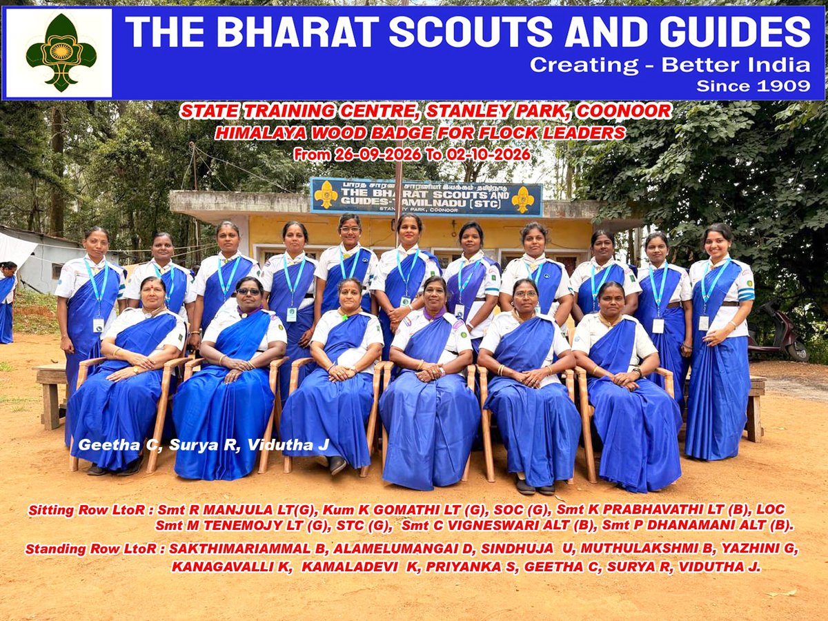 bsgnhq's tweet photo. Tamil Nadu State Bharat Scouts and Guides conducted the State-Level Himalaya Wood Badge Courses at the State Training Centre, Coonoor, from 26 September to 2 October 2026. 
#BSGindia #BSGtamilnadu #Training https://t.co/MX9a4P4nG2