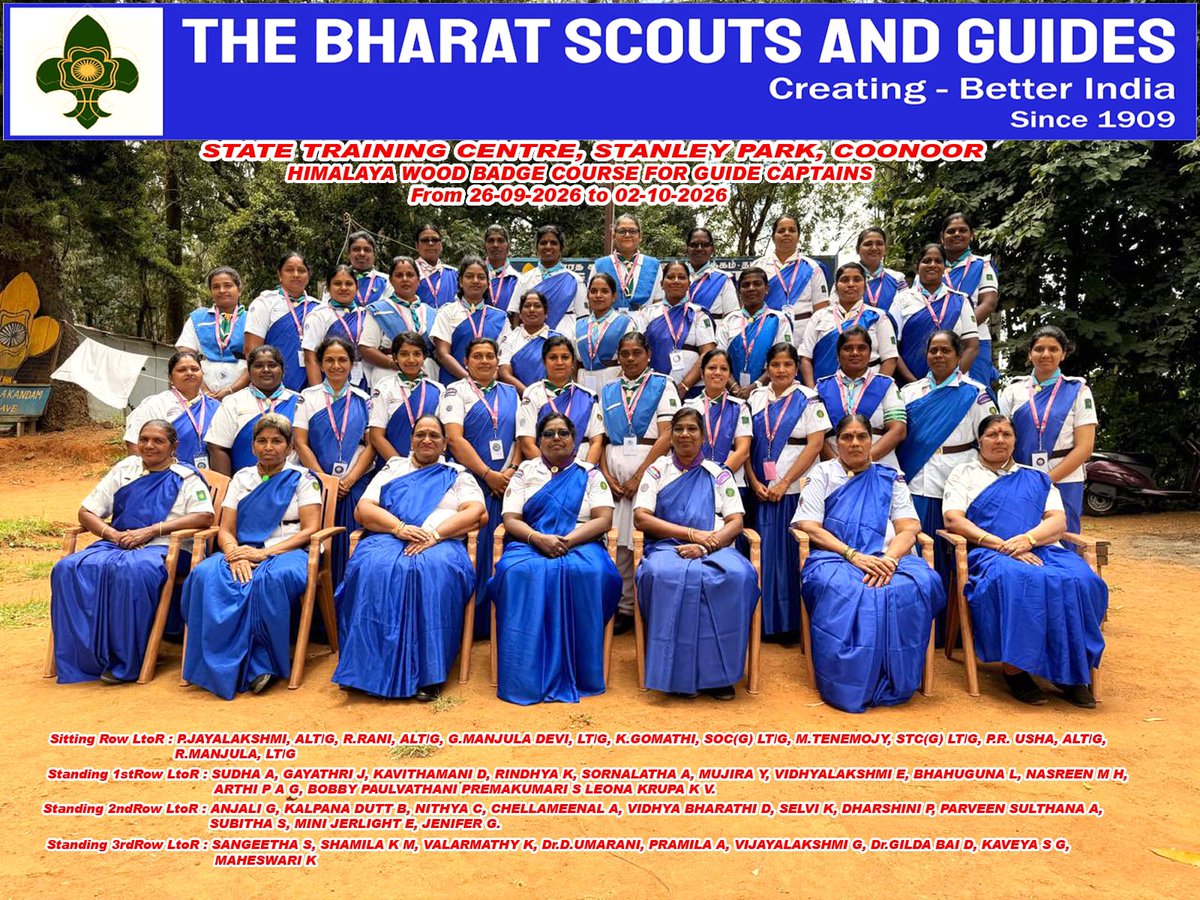 bsgnhq's tweet photo. Tamil Nadu State Bharat Scouts and Guides conducted the State-Level Himalaya Wood Badge Courses at the State Training Centre, Coonoor, from 26 September to 2 October 2026. 
#BSGindia #BSGtamilnadu #Training https://t.co/MX9a4P4nG2