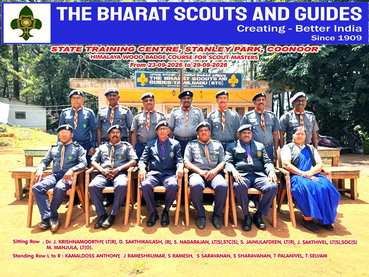 bsgnhq's tweet photo. Tamil Nadu State Bharat Scouts and Guides conducted the State-Level Himalaya Wood Badge Courses at the State Training Centre, Coonoor, from 26 September to 2 October 2026. 
#BSGindia #BSGtamilnadu #Training https://t.co/MX9a4P4nG2