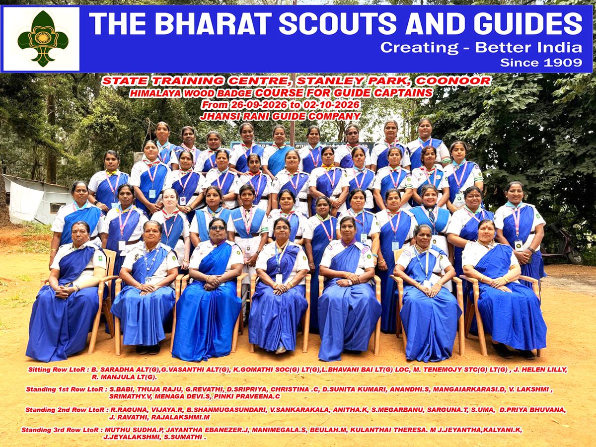 bsgnhq's tweet photo. Tamil Nadu State Bharat Scouts and Guides conducted the State-Level Himalaya Wood Badge Courses at the State Training Centre, Coonoor, from 26 September to 2 October 2026. 
#BSGindia #BSGtamilnadu #Training https://t.co/MX9a4P4nG2