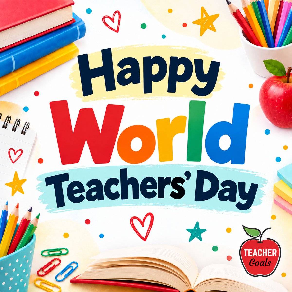 teachergoals's tweet photo. Happy World Teachers’ Day! 🍎

Today is a chance to celebrate the educators who plan, adapt, encourage, reteach, listen, notice, and keep showing up for students every day.

So much of teaching happens in moments that never make it onto a lesson plan, but those moments matter just as much.

To every teacher making a difference in ways both big and small, thank you. ❤️