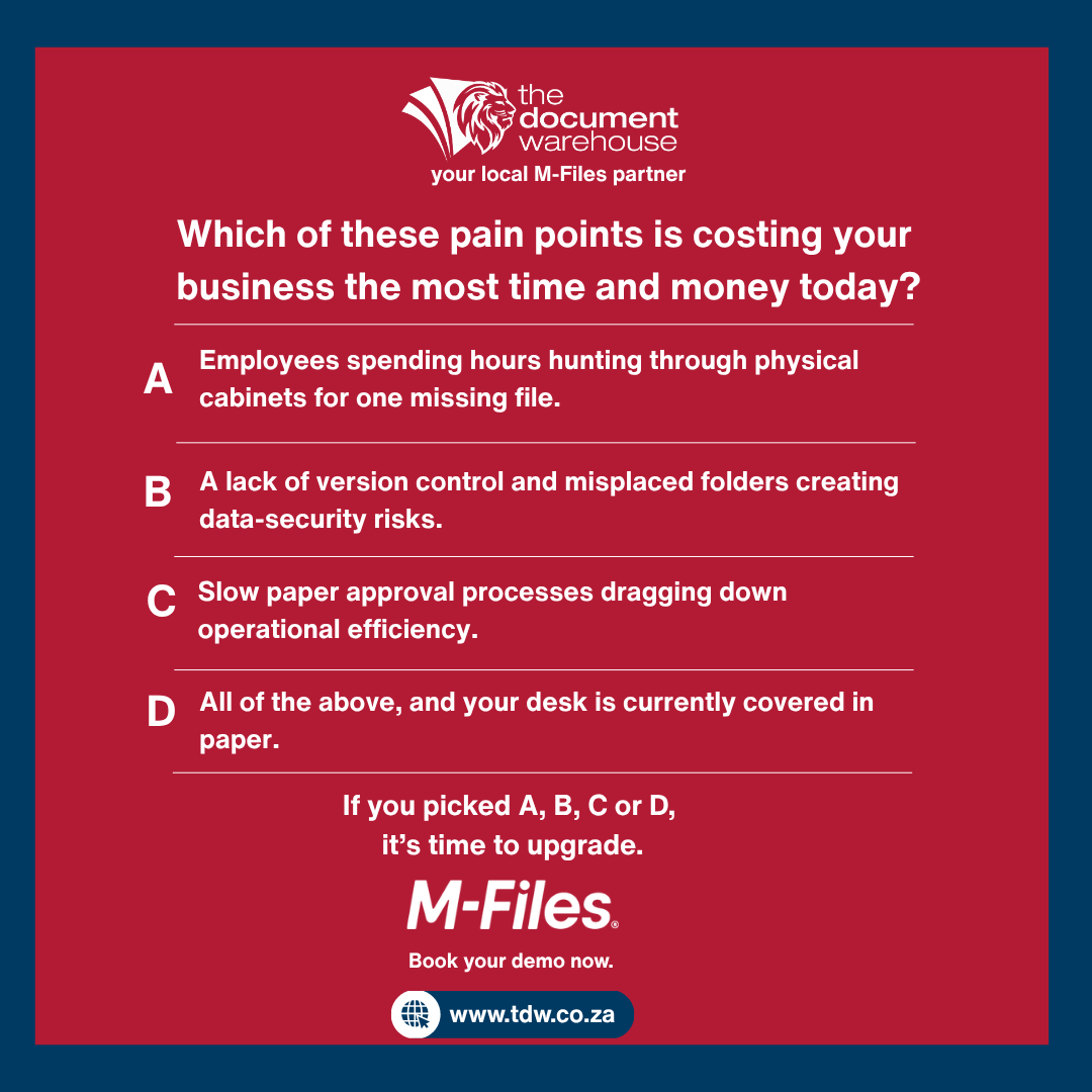 TDW_RSA's tweet photo. Paper chaos can drain productivity and create information security risks. Which challenge sounds familiar?
A) Finding files
B) Version control
C) Slow approvals
D) All of the above
See how M-Files can help: https://t.co/3LUL8nV2zM
#MFiles #EDMS #WORKFLOW #TDW https://t.co/SSsDtF3jFB