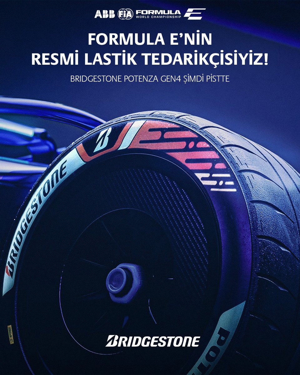 BridgestoneTR's tweet photo. Bridgestone, 2026/27 sezonundan itibaren ABB FIA Formula E Dünya Şampiyonası’nın resmi lastik partneri olarak pistlerde yerini alıyor. 🤝
Formula E’de POTENZA GEN4 ile yeni bir dönem başlıyor! 🛞⚡️
#Bridgestone #KusursuzPerformans #FormulaE https://t.co/0t69CrbGbW