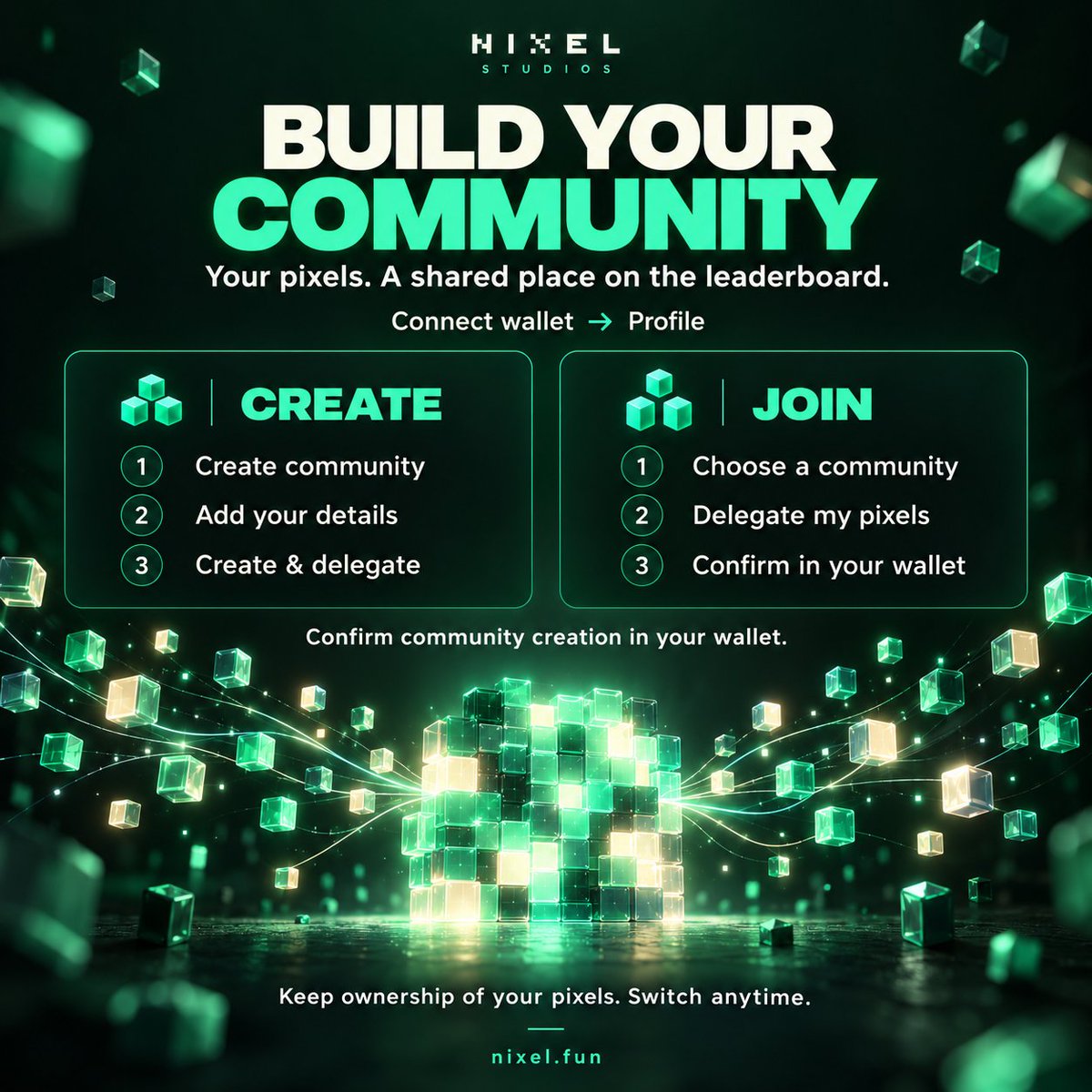 NixelStudios's tweet photo. Build your crew on NIXEL 🟩

Connect at https://t.co/scOx7n5T8Z 

→ Profile

Create: 
“Create community” → scroll down → “Create & delegate”.

Join: 
“Delegate to” → pick a community → “Delegate my pixels”.

Sign in your wallet. Boost your community’s rank while keeping your pixels!