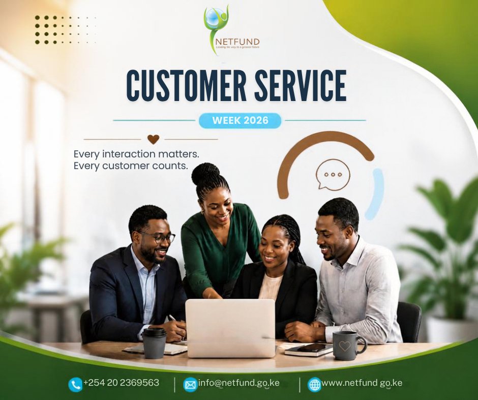 NETFUNDkenya's tweet photo. Happy Customer Service Week 2026!

At NETFUND, every interaction matters and every customer counts. We remain committed to delivering responsive, professional, and customer-focused service that creates value for our stakeholders and partners.

Thank you for trusting us as we work together towards a greener and more sustainable future.

#CustomerServiceWeek2026 #CustomerExperience #CustomerFirst #NETFUND #ServiceExcellence #LeadingTheWayToAGreenerFuture