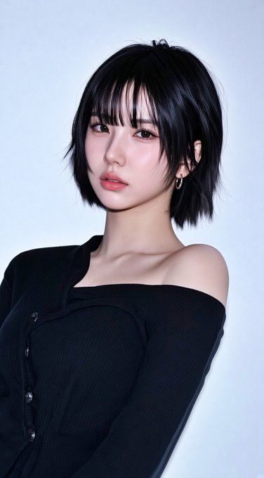 A close-up portrait of a woman with short black hair wearing a black off-shoulder top and gold hoop earrings against a white background.