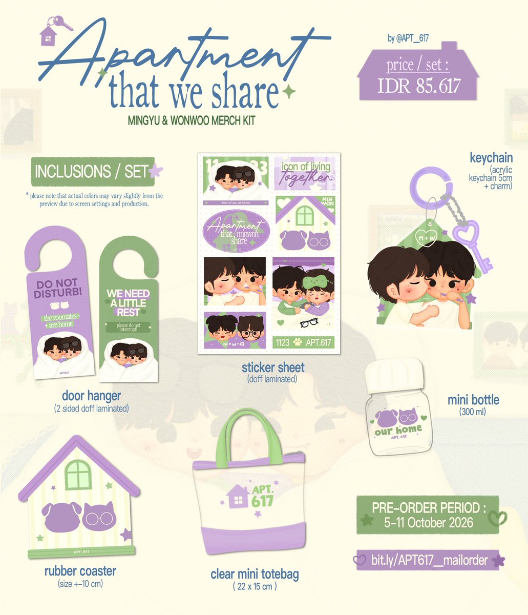 APT__617's tweet photo. 🏡 APT617 : 𝐀𝐩𝐚𝐫𝐭𝐦𝐞𝐧𝐭 𝐭𝐡𝐚𝐭 𝐖𝐞 𝐒𝐡𝐚𝐫𝐞 
mail order ⭑

pre-order period :
🗓️ 05 - 11 October 2026

available for SET [IDR 85.617]
&amp; keychain only [IDR 35.000]

🛋️ https://t.co/20gdkNDXFB

more details on poster &amp; form. if u have any questions pls  DM us 💚💜 https://t.co/9czUph0lUN