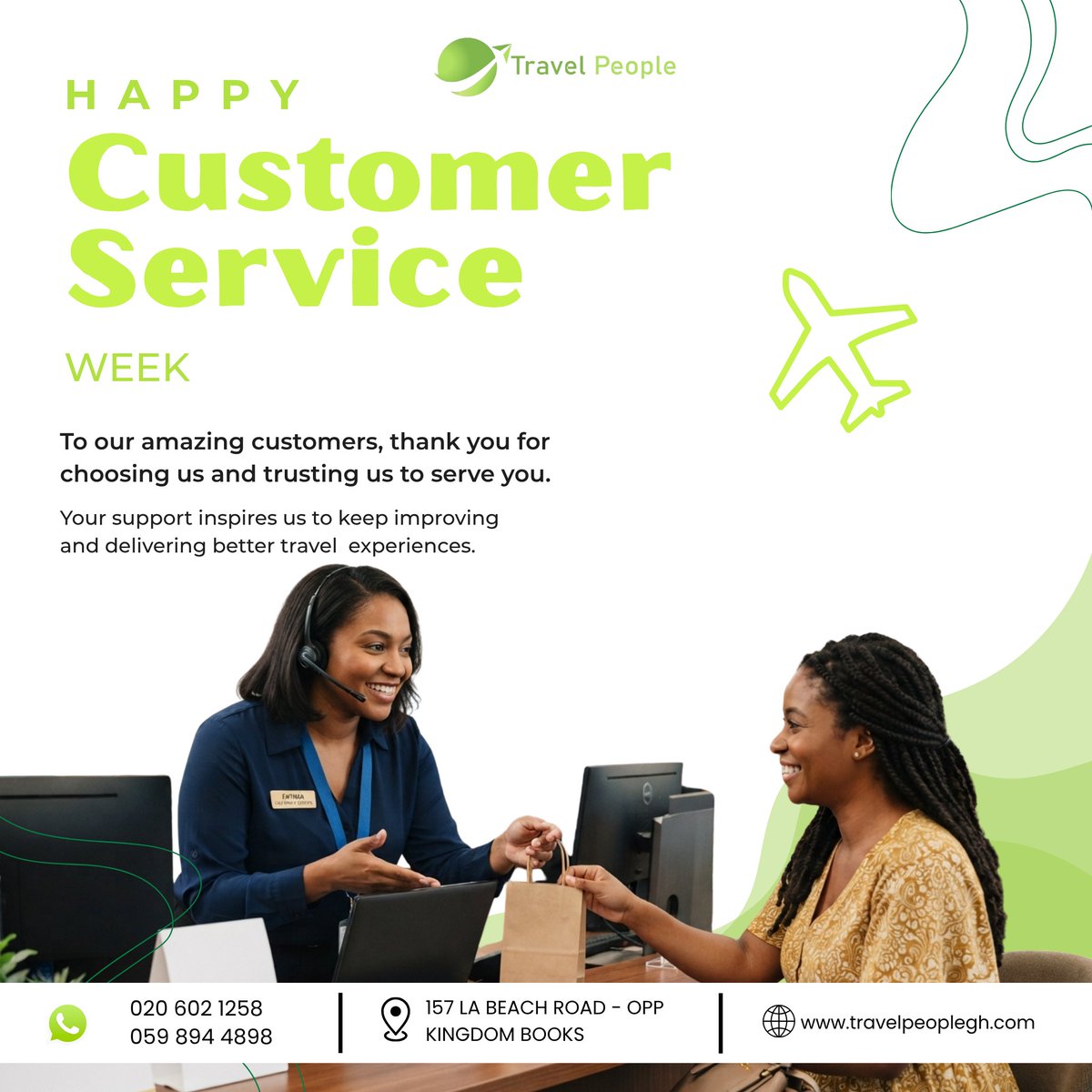 TravelPeoplegh's tweet photo. This Customer Service Week, we celebrate the people who make every journey smoother. 

Thank you to our customers and service team for your trust, communication and dedication. 

Together, we keep people moving.

#CustomerServiceWeek #TravelPeopleGH #CustomerExperience https://t.co/zjswpXxWFm
