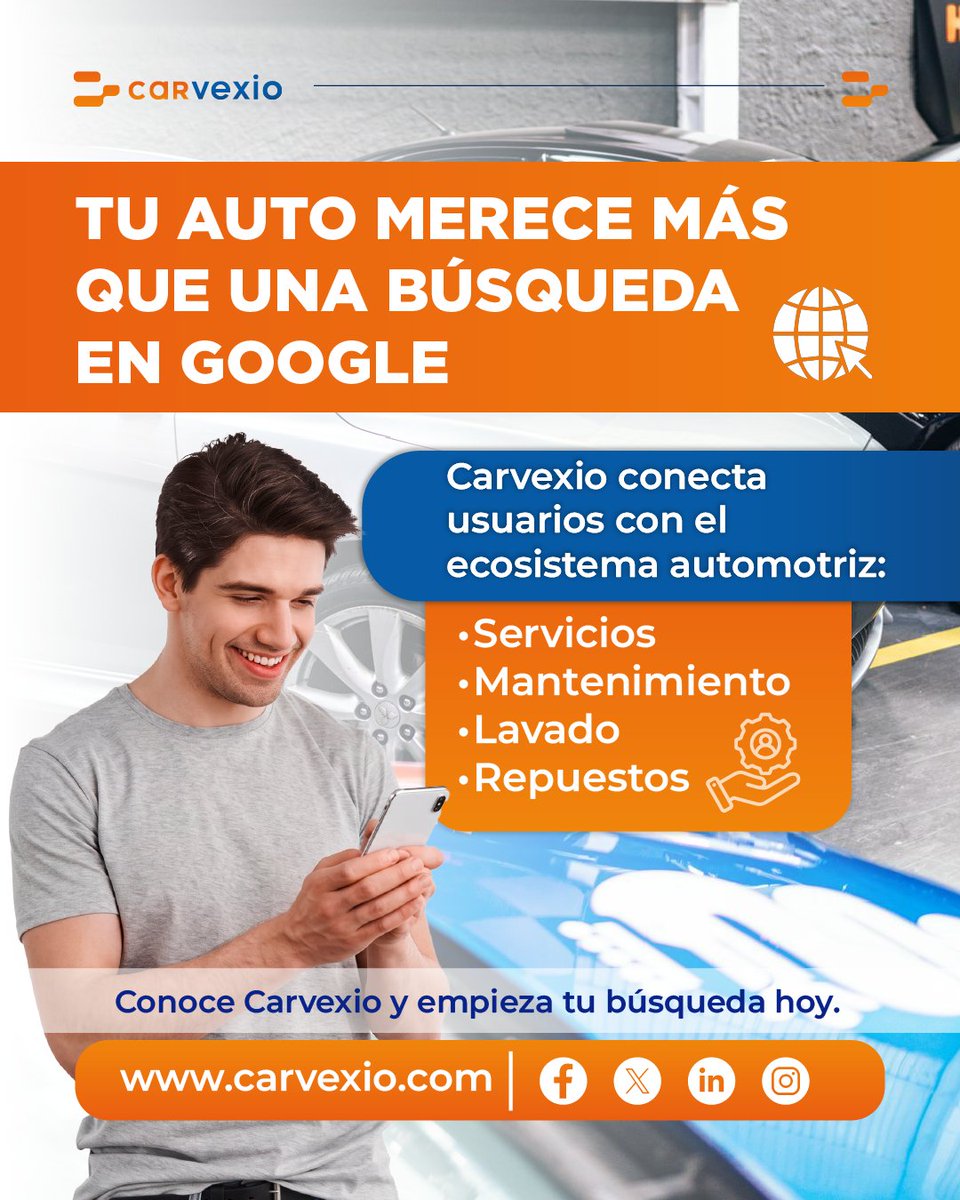 Carvexio's tweet photo. Encontrar una solución para tu vehículo debería sentirse tan fácil como pedir un producto online. Carvexio conecta usuarios con el ecosistema automotriz: servicios, mantenimiento, lavado y repuestos. https://t.co/Hyfp2QHFLl