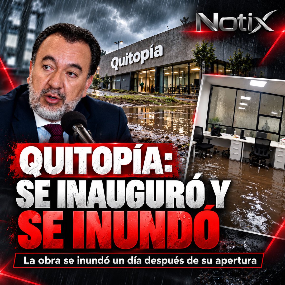 NotixMedia's tweet photo. 🌧️ #Quito | Quitopía se inundó apenas un día después de ser inaugurada por la administración de Pabel Muñoz.

Quitopía fue inaugurada el sábado 3 de octubre y concebida como un complejo para actividades deportivas, culturales, tecnológicas y de coworking.

El complejo, construido en la antigua estación del Trolebús de La Y, tuvo una inversión aproximada de USD 9,9 millones. Tras las fuertes lluvias del domingo 4 de octubre, se registró agua acumulada, lodo y filtraciones dentro de varias zonas de las instalaciones. 

La afectación genera cuestionamientos porque el problema de inundaciones en este sector no era desconocido. Durante años, la antigua estación de La Y fue considerada uno de los puntos más críticos de inundación del norte de Quito. Es decir, la administración de Pabel Muñoz desarrolló e inauguró una obra millonaria en un lugar donde el riesgo por acumulación de agua ya estaba identificado.

Pese a ese antecedente, apenas 24 horas después de la inauguración aparecieron imágenes de oficinas anegadas, mobiliario mojado y agua ingresando incluso desde la parte superior de la infraestructura. Los hechos ponen bajo cuestionamiento si las medidas de prevención, drenaje e impermeabilización previstas para una obra de este costo fueron suficientes.

El concejal Andrés Campaña acudió al lugar y difundió videos de las afectaciones. Señaló que la infraestructura y los equipos estaban en riesgo y pidió una intervención urgente.

El exconcejal Wilson Merino también publicó registros de Quitopía, donde se observa agua y lodo en distintos espacios de la infraestructura.

Ahora queda por esclarecer qué falló en una obra de USD 9,9 millones, qué tan efectivas fueron las medidas previstas para enfrentar las lluvias y qué acciones se tomarán para evitar que estas afectaciones se repitan.

Notix | Noticias claras, datos reales.