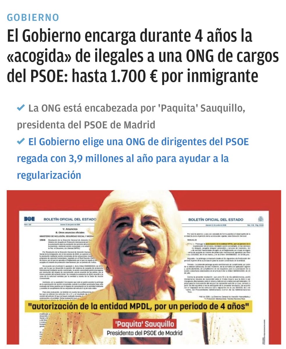 DiosaKhalinda's tweet photo. El Gobierno encarga durante 4 años la «acogida» de ilegales a una ONG encabezada por 'Paquita' Sauquillo, presidenta del PSOE de Madrid: hasta 1.700 € por inmigrante y 3,9 millones € al año para ayudar a la
regularización https://t.co/IhDrvPwnp7