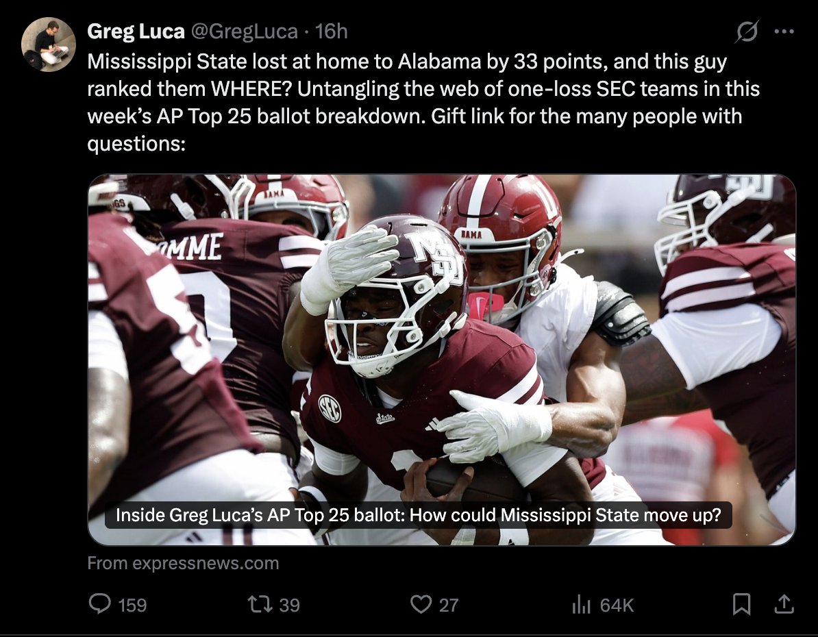 TomOrr4's tweet photo. The AP Poll was the standard for decades, but a subset of the voters turning their ballots into clickbait articles has rendered it functionally useless.

This guy jumped Mississippi State UP eight spots after a 33-point home loss. 

It's time to start pulling votes from people. https://t.co/ldfW27jLiw