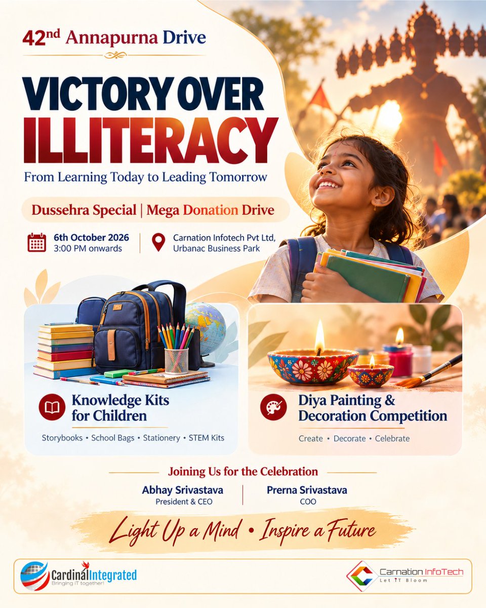 Int_Cardinal's tweet photo. This Dussehra, Let Knowledge Shine.

Our 42nd Annapurna Drive | Victory Over Illiteracy brings together learning, creativity, nourishment, and the spirit of giving.
Knowledge Kits | Nutritious Meals | Diya Painting

Light Up a Mind • Inspire a Future.
#VictoryOverIlliteracy https://t.co/VYIaN0QUa4