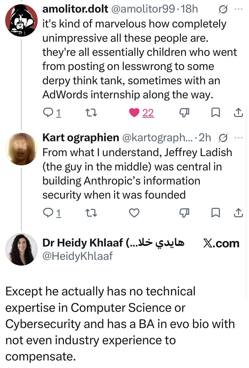 AndrewOrlowski's tweet photo. One of the revelations for me and a lot of other people after examining the Gone Rogue™️ stories was that the “frontier labs” are just not very good with computers. They barely know how they work. 

I think two big factors are at work:

1/ Cults always recruit for obedience not talent. AISI asked candidates if they “believe in AGI”. 

2/ What’s called “AI Safety” is a completely made-up and tightly policed field, owned entirely by the EA cult. The nutty jargon of “alignment” and “evals” etc is not shared by anyone outside the cult. And it disintegrates on first contact with a real technical discipline like cybersecurity and secure systems design, which have been studied and practiced (and litigated over)  for decades. 

It is disintegrating right now in real time. We’re watching it fall apart. 

AISI thought that changing one word in its name: “safety” to “security” and running some stunts would be sufficient. It even used LaTeX to produce a pastiche CVE (!) because that’s what it thought it should do. 

All this has achieved is to shine a light on something few people had noticed before. The sociology, the agenda, the nutty circular grant ecosystem, and the complete lack of skills. 

@amolitor99 @HeidyKhlaaf @ZackKorman 

(Pic: many small, woolly AI Safety experts disguised as humans attempt to order a meal in a restaurant)