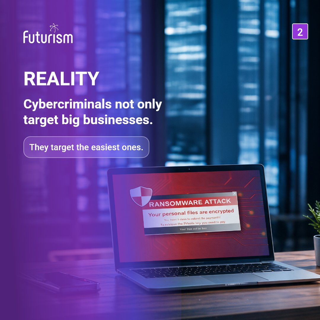 Futurismcyber's tweet photo. Think your business is too small for ransomware? 

That's one of the most dasngerous #cybersecurity myths business leaders still believe. 
Swipe to separate myth from reality.

Assess your ransomware readiness: https://t.co/E0GZ2p25t6

#CybersecurityAwarenessMonth #Ransomware https://t.co/uIvqlwbIE5