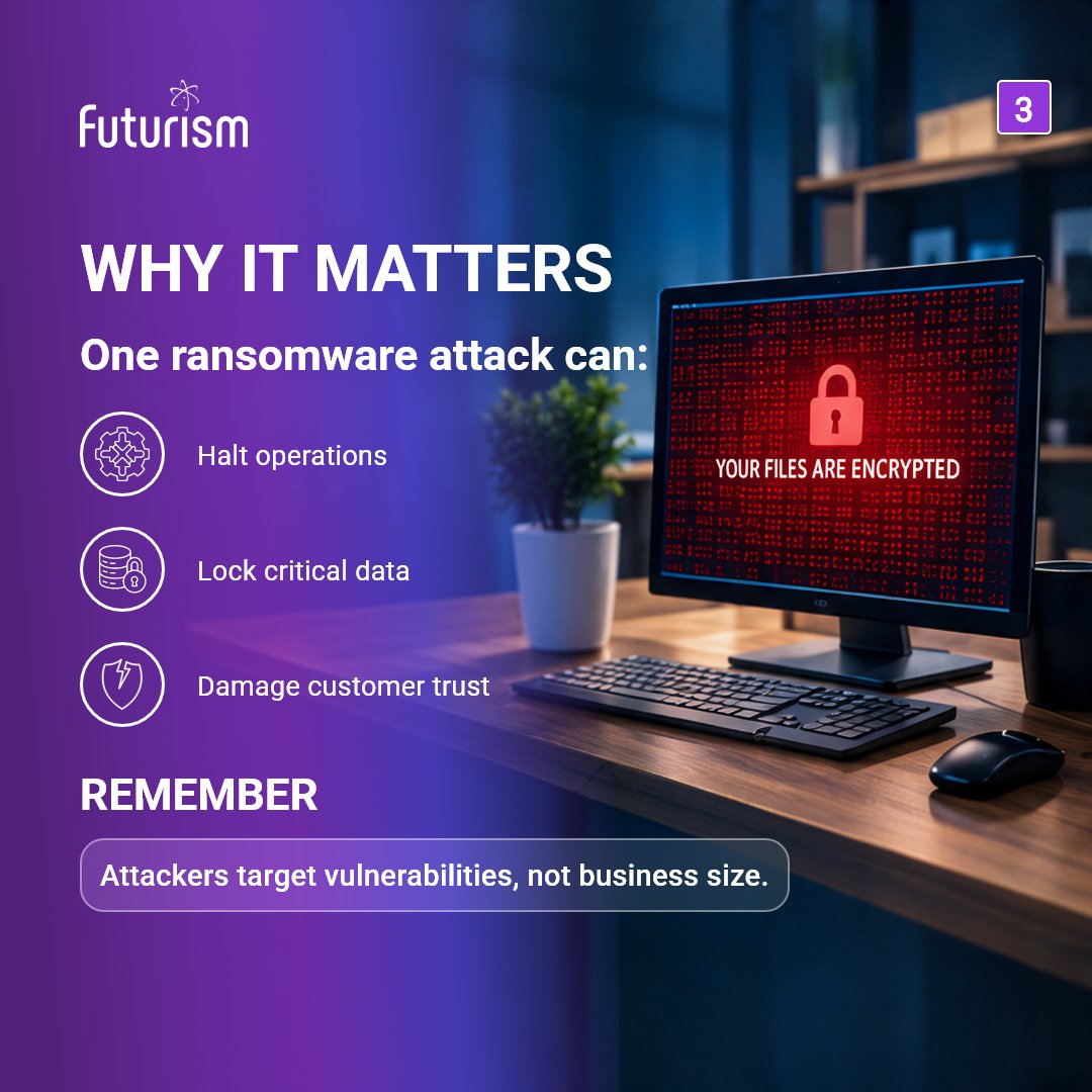 Futurismcyber's tweet photo. Think your business is too small for ransomware? 

That's one of the most dasngerous #cybersecurity myths business leaders still believe. 
Swipe to separate myth from reality.

Assess your ransomware readiness: https://t.co/E0GZ2p25t6

#CybersecurityAwarenessMonth #Ransomware https://t.co/uIvqlwbIE5