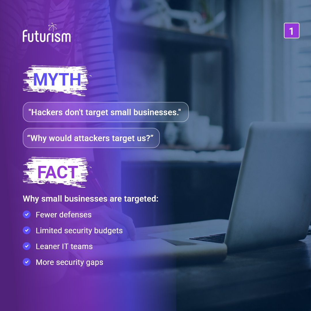Futurismcyber's tweet photo. Think your business is too small for ransomware? 

That's one of the most dasngerous #cybersecurity myths business leaders still believe. 
Swipe to separate myth from reality.

Assess your ransomware readiness: https://t.co/E0GZ2p25t6

#CybersecurityAwarenessMonth #Ransomware https://t.co/uIvqlwbIE5
