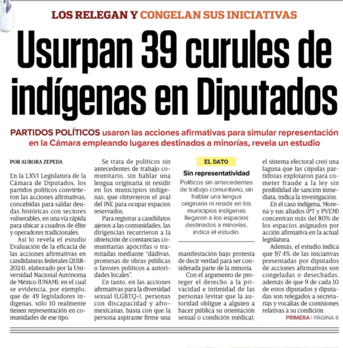 JulietDelrio's tweet photo. ¿Y así hablan de honestidad y representación en la @Mx_Diputados?

Hoy, @Excelsior publica que, aunque se reservaron 49 espacios para legisladores de comunidades originarias, un análisis de la UNAM concluye que solo 10 tienen un vínculo e identidad comunitaria orgánica.

¿Entonces qué pasó con los otros 39?

Hablan de inclusión, pero cuando llegan los espacios, la simulación también encuentra su lugar. Esperemos la explicación de @Mx_Diputados