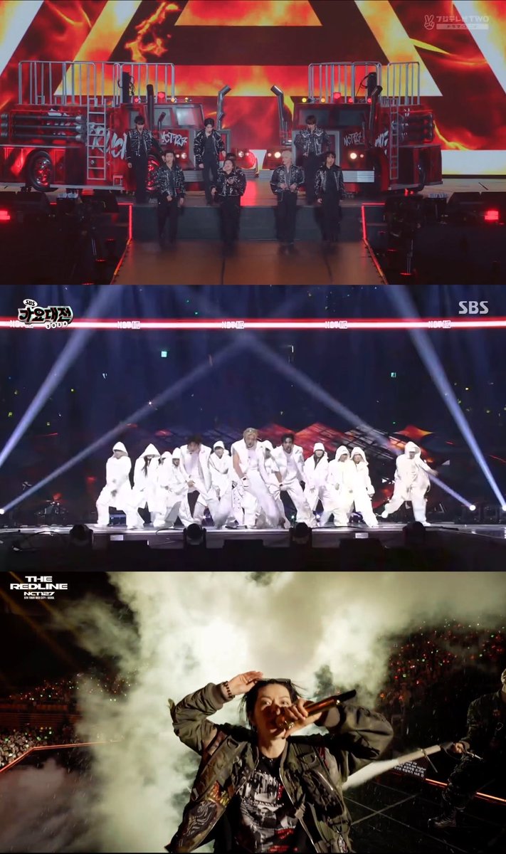 A collage of three concert/performance photos showing K-pop groups on stage with dramatic lighting, including one with red fire trucks as backdrop, one with dancers in white outfits, and a performer with smoke effects.