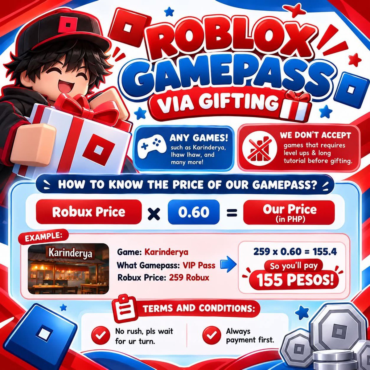 rbxthyee's tweet photo. 🎮 ROBLOX IN-GAME GAMEPASS VIA GIFTING! 🎁

💸 OUR PRICE:
Robux Price × 0.60 = Your Price in PHP!

tags : wts lfb robux via plus ingame gifting gamepass https://t.co/xLsPc8lJjL