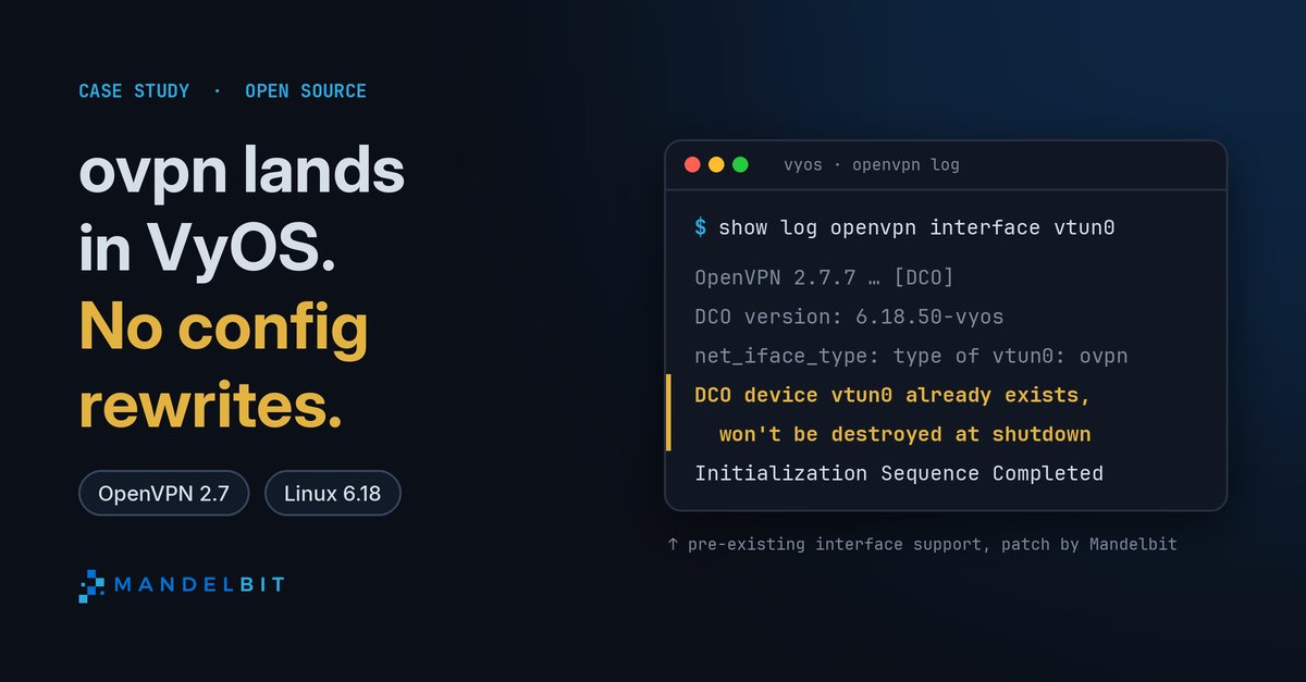 antoniobits's tweet photo. On VyOS, the tunnel interface belongs to VyOS, not to OpenVPN. That one design choice turned out to be the hardest part of bringing OpenVPN 2.7 and the in-kernel ovpn module to VyOS. 🧵
#VyOS #OpenVPN https://t.co/gwN9pg0fOW